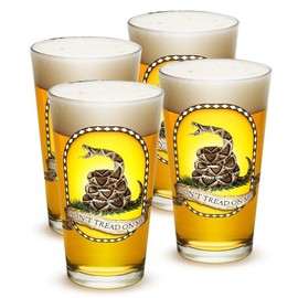 Erazor Bits Don't Tread On Me DTOM Patriotic - This will defend - Classic Premium Beer Pint Glasses 16 Ounce - Set of 4 - Highball Cocktail Mixing Glass - Perfect for Cold Beverages - With Logo