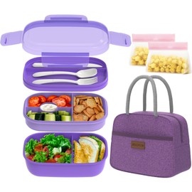 JBGOYON® Bento Lunch Box with Bag - All-in-One Stackable Lunch Containers with 3 Layers for Adults & Kids, 1900 ML Modern Bento-Style Design, Built-in Utensil Set, Lunch Bag (Purple)