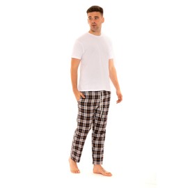 Style It Up SIU31-0054/R-TAG Mens Woven Pyjamas Cotton PJ Set Short Sleeve Crew Lounge Top Soft Check Pants (White-Brown, 2XL)