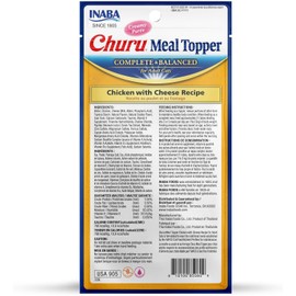 INABA Churu Meal Topper for Cats, Complete & Balanced, Creamy, Lickable Purée Cat Food Topper, 0.5 Ounce Tube, 12 Tubes (4 per Pack), Chicken with Cheese Recipe