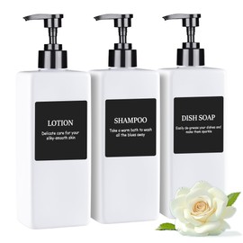 Refillable Plastic Pump Bottle Dispenser with Waterproof Labels - Empty Bathroom Soap and Body Wash Dispenser Set (White, Set of 3, 500ML)