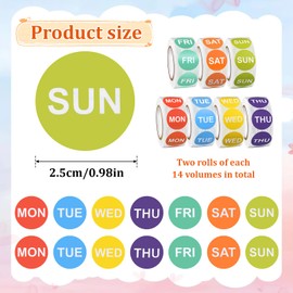 Day of The Week 1" Round Stickers, 7000 Pieces MON-Sun Sticker, Day Dots Food Labels, Label Expiration Date Stickers for Restaurant Kitchen Home Office Shop (500 Labels/Roll)