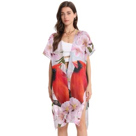 Kjovgcb Women's Swimwear Cover Ups, Short Sleeve Summer Beach Casual Loose Cardigans Kimono Swimsuit Coverups M Print Red Cardinal Bird on Branch Almonds Blossom Flowers