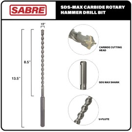 Sabre Tools Sabre Tool 1/2 Inch x 13.5 Inch SDS MAX Rotary Hammer Drill Bit, U-Flute, Carbide Tipped for Brick, Stone, and Concrete (1/2inches x 8inches x 13.5