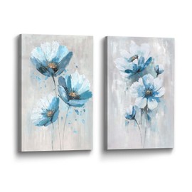 Flower Picture Canvas Wall Art: 2 Pieces Teal Floral Abstract Prints Artwork Vintage Turquoise Bouquet Botanical Painting for Bedroom Living Room Bathroom Home Office