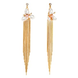 arete de perlas de agua dulce con borla larga de cadena dorada, Plata de ley, No es una piedra preciosa