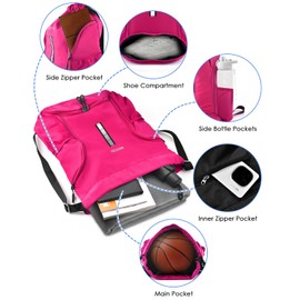 BROTOU Gym Bag Sports Bag Football Bag Backpack Drawstring Sports Bag with Shoe Compartment Drawstring Gym Bag Waterproof Sports Bag for Men Women Children Youth, magenta