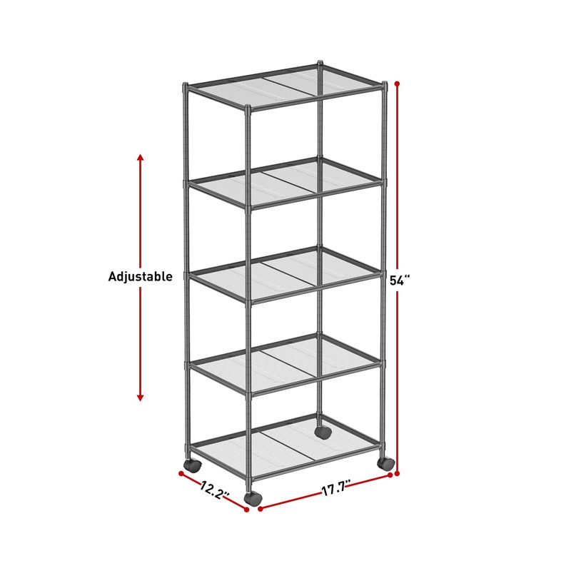 OVICAR Storage Shelf with Wheels - Adjustable 5 Tiers Mesh