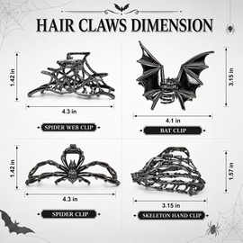 4PCS Gothic Hair Claw Clips, Spider Bat Skull Designs for Women