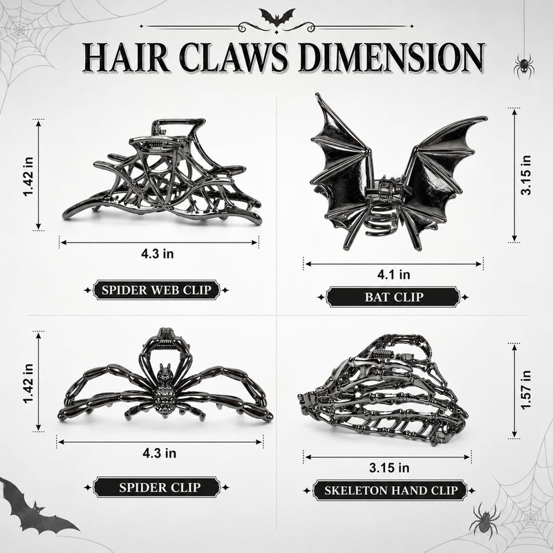 4PCS Gothic Hair Claw Clips, Spider Bat Skull Designs for