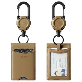 VULKIT Badge Holder Wallet with Retractable Clip, Leather Bifold Double ID Card Holder, Retractable Keychain Carabiner, Holds 5 Cards, Keys (Khaki)