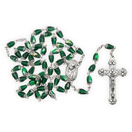 TrueFaithJewelry 5.5mm Green Crystal Glass Tear Drop Beads Rosary Prayer Beads Necklace with Jesus Crucifix Cross and Miraculous Center, for Women and Men, 31-inch