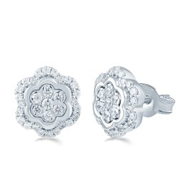 1/2ct tw Women Natural Diamond Floral Cluster Stud Earrings set in 925 Sterling Silver