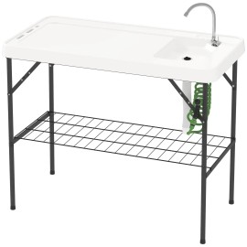 Portable White Folding Fish Cleaning Table with Sink Faucet Drainage Hose Sprayer Shelf for CampingColor: White Color