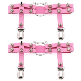 Cute Cat Leather Garters Women Girl Gothic Garter Punk Rock Rivet Stud Leg Ring 2pcs Pink