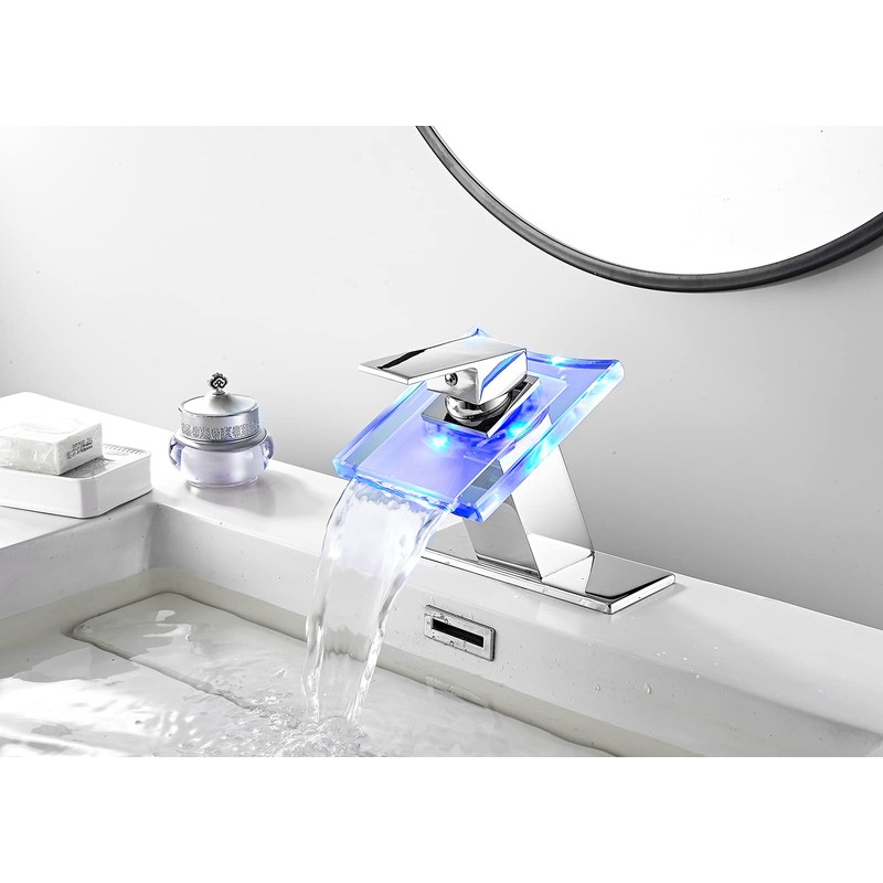 Bathroom Sink Faucet Waterfall Glass Spout LED Light 3 Colors