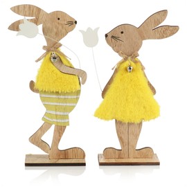 com-four Set of 2 Decorative Stands for Easter, Easter Bunny Pair with Flower, Two Easter Bunnies, Wooden Easter Decoration (01 Pieces, Yellow / Light Brown)