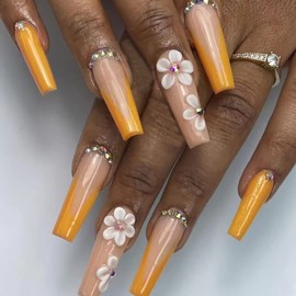 BABALAL Press on Nails Long Coffin Fake Nails Orange Glue on Nails Rhinestones Acrylic Nails 24Pcs Summer Flower Stick on Nails for Women and Girls
