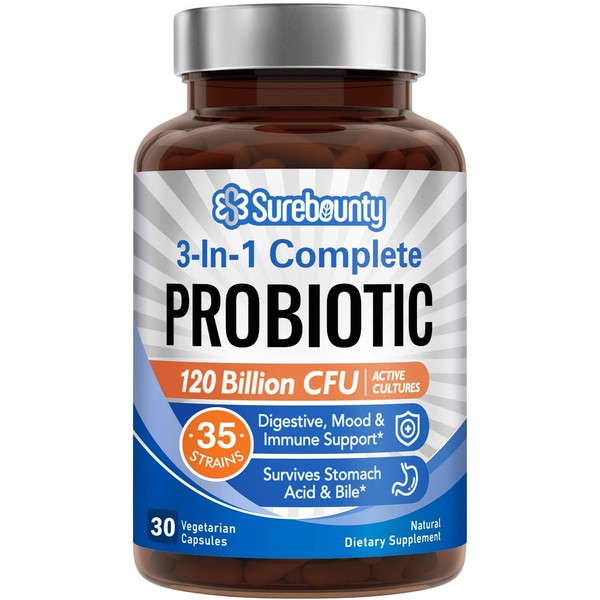 Surebounty Probiotics 120 Billion CFU, Probiotics for Men & Women, Prebiotics + Digestive Enzymes, Highest Potency, 3-in-1 Complete Probiotic, Digestive Support, 30 Caps