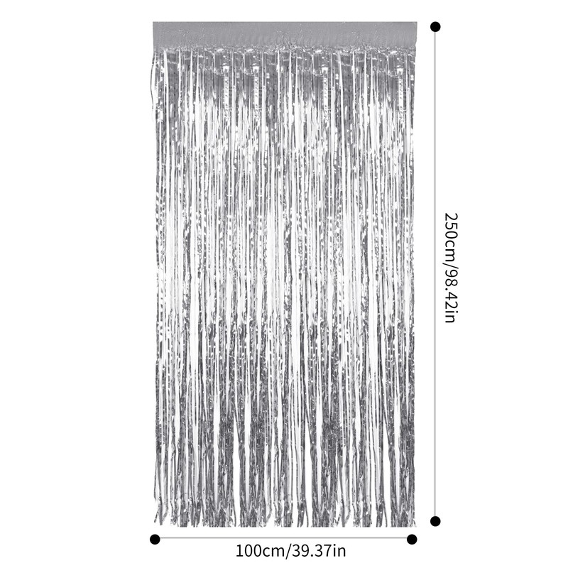 2Pcs 3.3ft x 8.2ft Tinsel Foil Curtains, Silver Metallic Foil