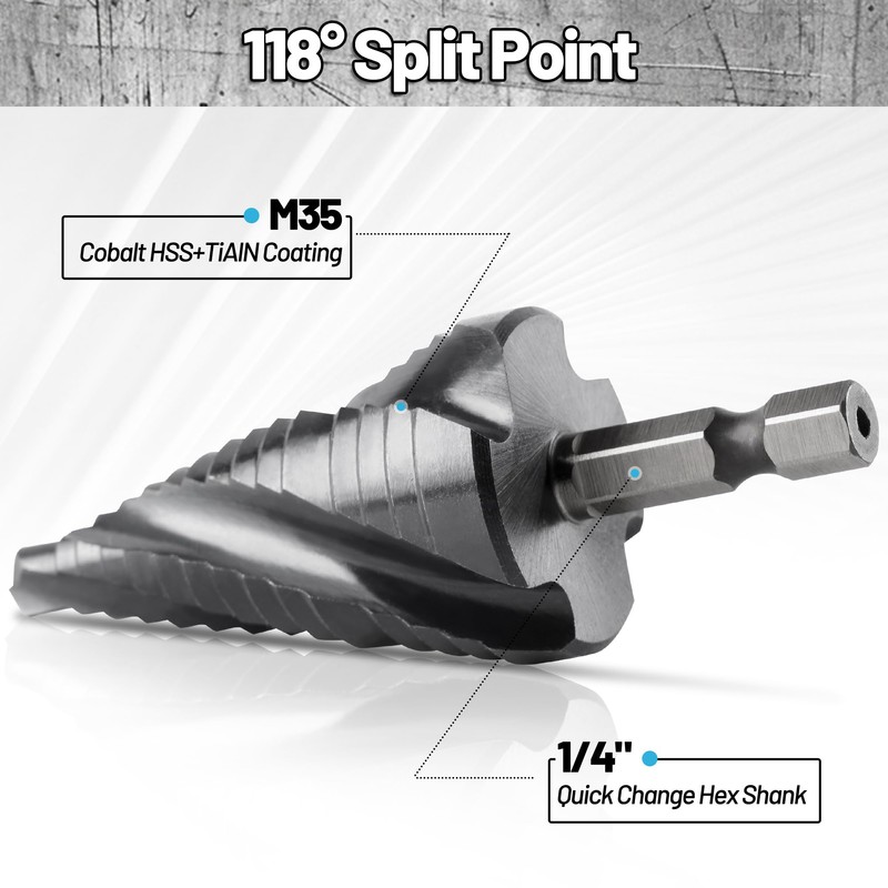 Cobalt M35 Step Drill Bit, TiAlN Coating 4 Spiral Flute