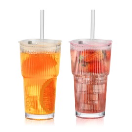 BiBrenies 20oz Ribbed Glass Cups with Lids and Straws, 2 Pack Iced Coffee Cups, Thicked Wall Glass Tumbles Drinking Glasses Ideal for Coffee, Smoothies, Juices