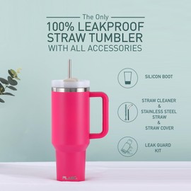 FLASC 40 oz Tumbler With Handle | 100% Leakproof Insulated Tumbler With Lid and Straw | Includes ALL Accessories: Stainless Steel Straw, Silicon Boot, Straw Cover & Cleaner (Hot Pink)