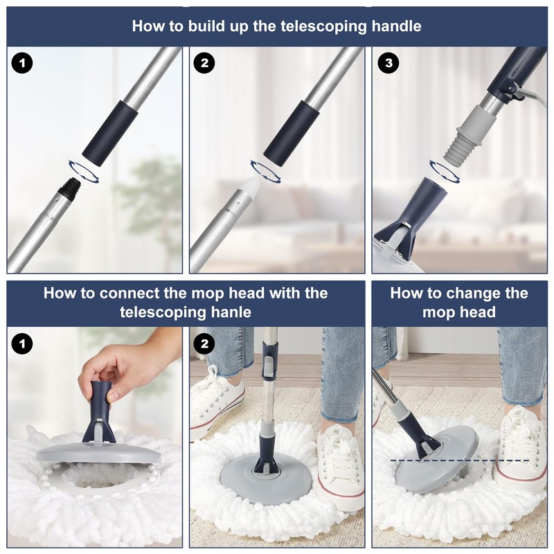 Spin Mop and Bucket System with180-Degree Rotating Head Telescopic Handle