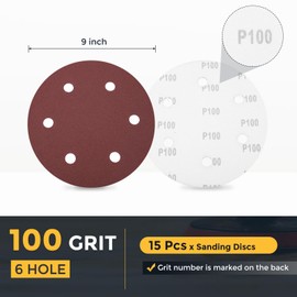 HARFINGTON 15 Pcs 9 Inch Sanding Disc 6 Hole 100 Grit Hook and Loop Sandpaper Random Orbital Sander Pads for Woodworking Automotive Metal Polishing