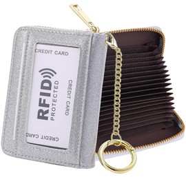 RFID Blocking Credit Card Holder, 20 Card Slots Large Capacity Accordion Card Wallet, Leather Card Case with Removable Keychain and ID Window - Shiny,Silver