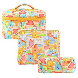 Women's Cosmetic Bag Set of 3 Travel Makeup Bag Made of Cotton, Flower Pattern Make-Up Bag, Colourful graffiti, Fresh and sweet