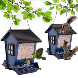 LSCQYYCC-Bird Feeder Squirrel Proof Metal Hanging for Outdoor Wild Bird Seed, with Bilateral Weight-Activated Perches, Large Feeder That Attracts Cardinals, Chickadees, and More Birds-One in Blue