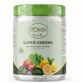 Biomix – Super Greens más de 40 Superalimentos, Probióticos Enzimas Fibra Adaptógenos Rhodiola Eleuthero Astragalus, Espirulina Clorela Matcha Moringa, Vegano Sin Gluten, Sin, Azúcar añadida | 60 Servicios