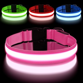 AUAUY Light Up Dog Collar, Type-C Port Charging LED Dog Collar Light, Waterproof Flashing Adjustable Glowing Super Bright Dog Light Up Collar with 3 Glowing Modes for Medium Dogs-Size M-Pink