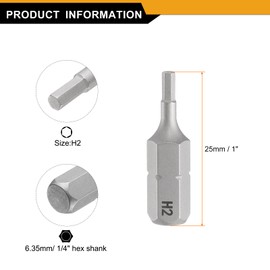sourcing map 2pcs H2.0 Hex Screwdriver Bit 1/4" Hex Shank 25mm/1" Length Magnetic Hexagon Head Hex Bits S2 Steel Screw Driver Bit