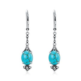 Vintage Leverback Earrings 925 Sterling Silver Retro Leverback Dangle Drop Earrings with 9mm Oval Birthstone, Anniversary Birthday Jewelry Gifts for Women, Sterling Silver, Turquoise