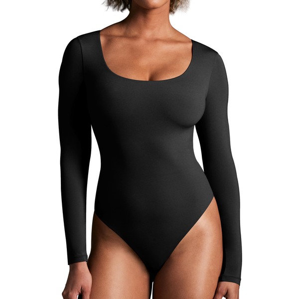 Ewedoos Bodysuits for Women Long Sleeve Scoop Neck Bodysuit Double-layer Sexy Body Suits Tops