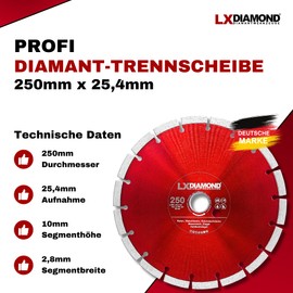 LXDIAMOND Diamond Cutting Disc 250 mm x 25.4 mm - for Cutting Tables, Bridge Saws - Diamond Disc for Cutting Stone, Concrete, Brick, Masonry - 250 mm Stone Disc in Professional Quality