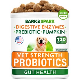 BARK&SPARK Vet Strength Dog Probiotics Chews - Gas, Diarrhea, Allergy, Constipation, Upset Stomach Relief, with Enzymes+Prebiotics - Chewable Fiber Supplement - 120 Soft Chews Turkey & Lamb