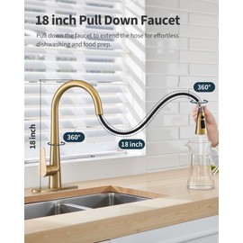 PUSU Brushed Gold Kitchen Faucet with Pull Down Sprayer, Single Handle Gold Kitchen Sink Faucet for RV Farmhouse Sink, Laundry, Bar Camper with Water Lines, Stainless Steel
