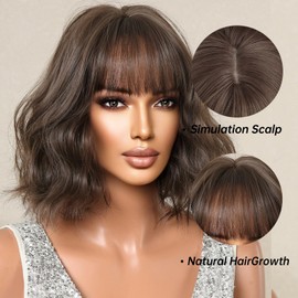 Allbell Ombre Brown Mixed Blonde Wavy Bob Wig With Air Bangs Short Bob Wigs Women's Shoulder Length Color Natural Wigs Curly Wavy Synthetic Cosplay for Girl Colorful Wig