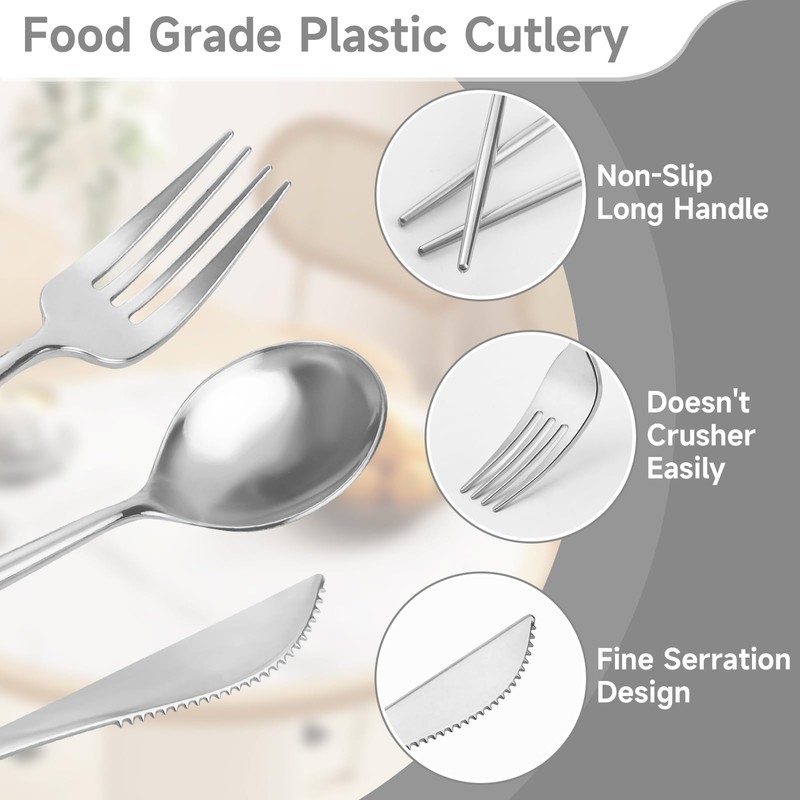 400PCS Pre-Rolled Plastic Cutlery Set Disposable - Wrapped Silver Plastic