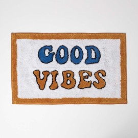 HOMESCAPES Good Vibes 100% Cotton Bath Mat Super Absorbent and Soft Orange White Blue Non-Slip 50 x 80 cm Large and Thick Bathmat