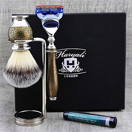 Haryali London Golden Antique Men's Shaving Set with 5 Edge Shaving Razor, Synthetic Shaving Brush, Razor Stand and Alum Pencil