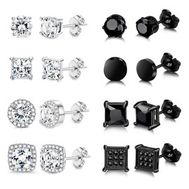 RIOSO 8 Pairs Stainless Steel Stud Earrings for Men Women Silver Black Hypoallergenic Square Ear Studs Inlaid Cubic Zirconia Men’s Earrings Set