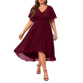 Talisea Burgundy Plus Size Dresses Formal Wedding Guest Cocktail Fall Bridesmaid Chiffon Short Sleeve High Low Dress Curvy Women