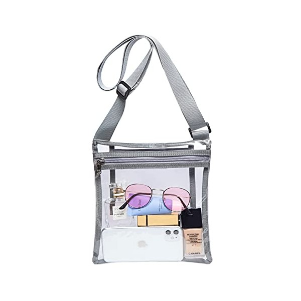 Vorspack TPU Clear Cross-Body Purse Stadium Approves Clear Bag with Inner Pocket and Adjustable Strap for Sports Event Concert Festival - Grey