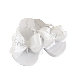Silver Glitter Bride Bows on White Flat Wedding Flip Flops (White Bows/Silver Bride, 10)