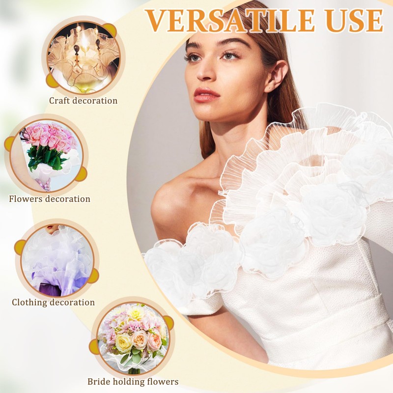 NUOBESTY Ruffle Pleated Trim Organza Lace Ribbons White Transparent Tulle