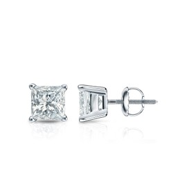 Diamond Wish 3/4 Carat Princess Cut Diamond Simulated Cubic Zirconia Stud Earrings in 14k White Gold 4-Prong Screw Back cttw